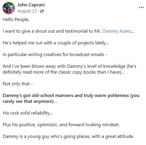 Testimonial from John Caprani